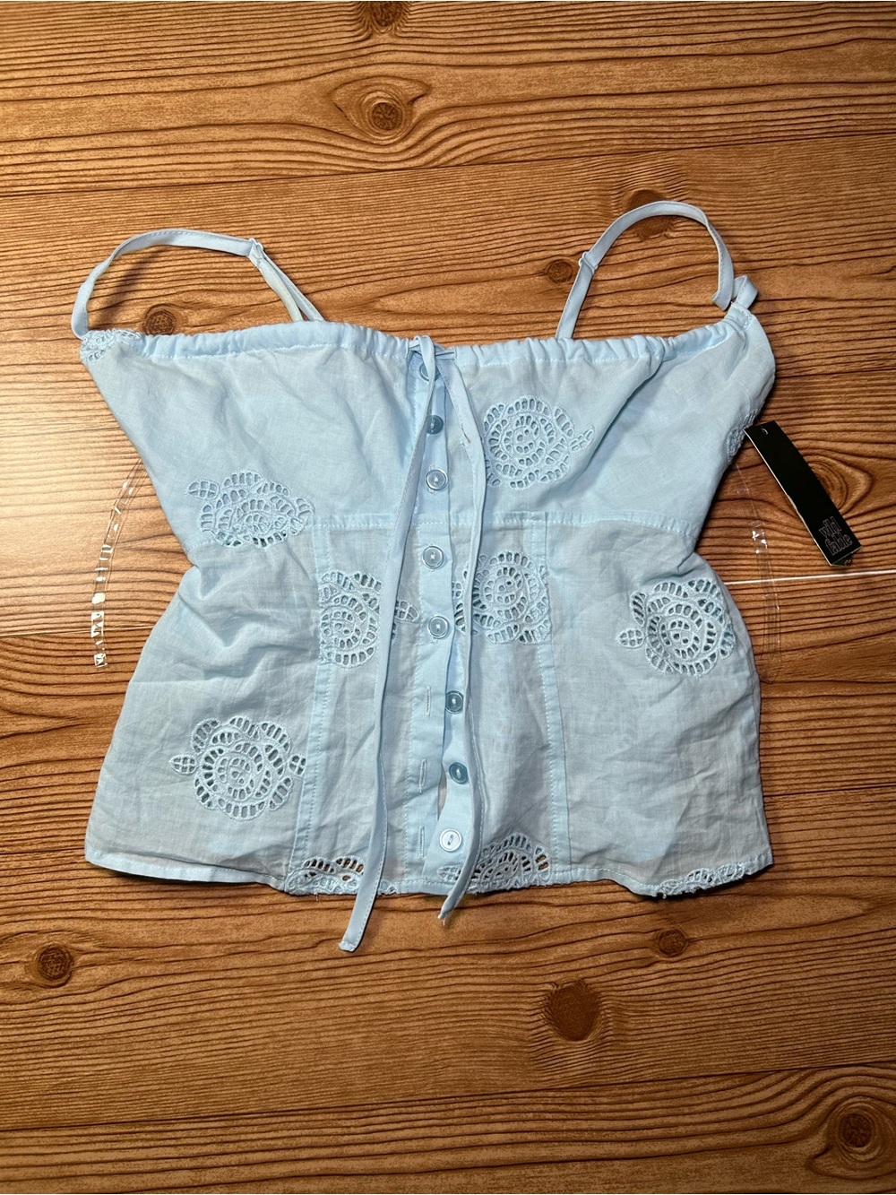 Wild Fable blue top features intricate cut-out eyelet embroidery XXS